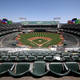 A general view of the Oakland Athletics playing against the Los Angeles Angels in an empty stadium at Oakland-Alameda County Coliseum on July 25, 2020 in Oakland, California.